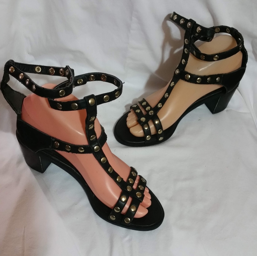 H&M Black Women's or Girl's Gold Strappy Studs T-Strap Sandals
